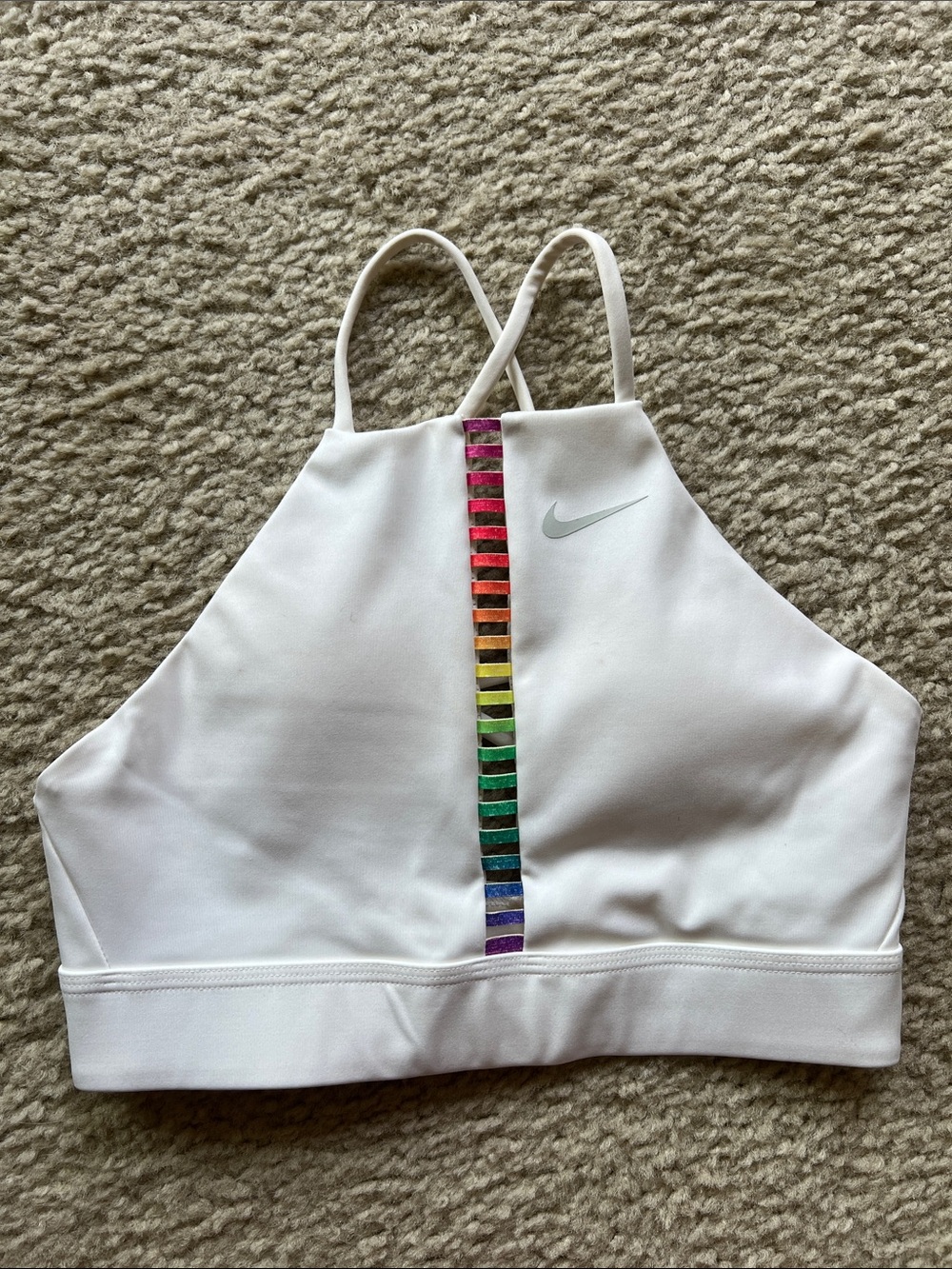 Nike White High-Neck Sports Bra with Rainbow Center Stripe